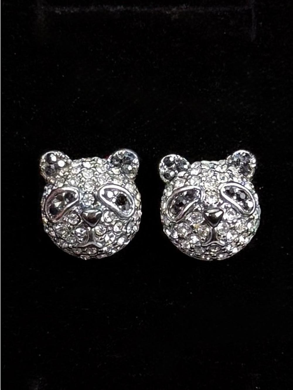 Vintage, silvertone bling panda bear pierced earrings